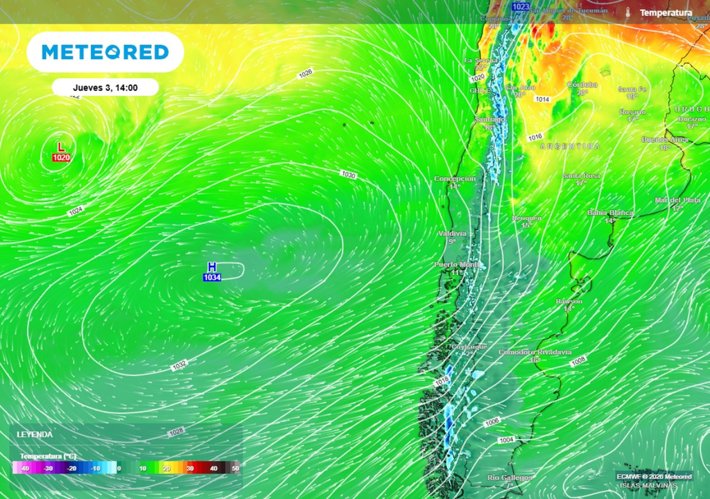mapa de temperatura con isobaras Las altas presiones permitirán que se mantenga el tiempo estable a partir del jueves.