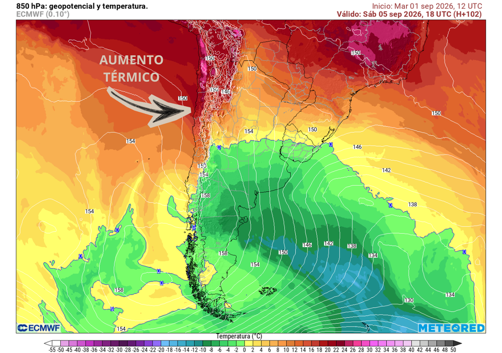 mapa de geopotencial y temperatura en 850 hPa Se espera un aumento térmico el fin de semana en la zona central dado por el desarrollo de la vaguada costera y la influencia del viento raco.