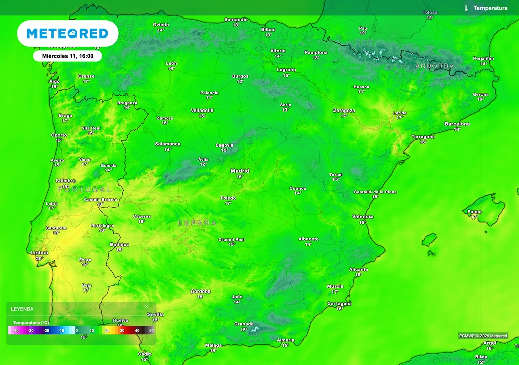 Temperaturas máximas previstas por el modelo europeo para mañana miércoles.