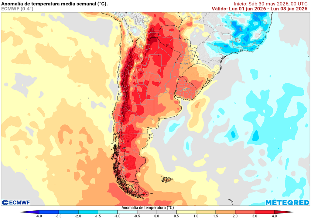 Pronóstico, Clima, Tiempo, Argentina, Lluvias, Precipitaciones, Anomalía, Temperaturas, Junio, Pampeana, Litoral, Humedad, Niebla, Agro, ECMWF Anomalía de temperatura prevista para la primera semana de junio según el modelo ECMWF