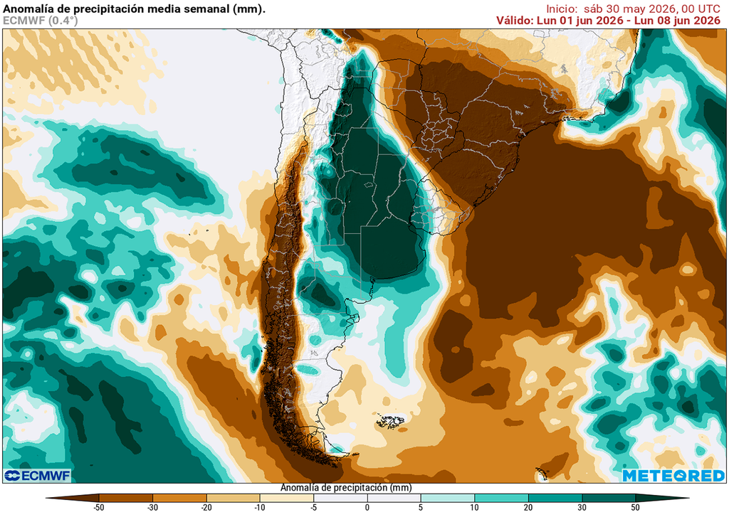 Pronóstico, Clima, Tiempo, Argentina, Lluvias, Precipitaciones, Anomalía, Temperaturas, Junio, Pampeana, Litoral, Humedad, Niebla, Agro, ECMWF Anomalía de precipitaciones prevista para la primera semana de junio según el modelo ECMWF