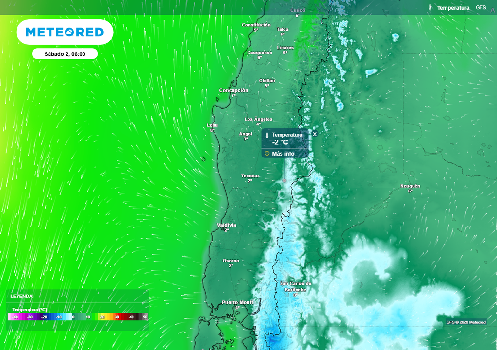 Temperatura mínima (°C) para el sábado (02) en Chile centro-sur.