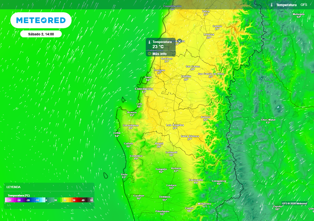 Temperatura máxima (°C) para el sábado (02) en las regiones de Ñuble y Biobío.