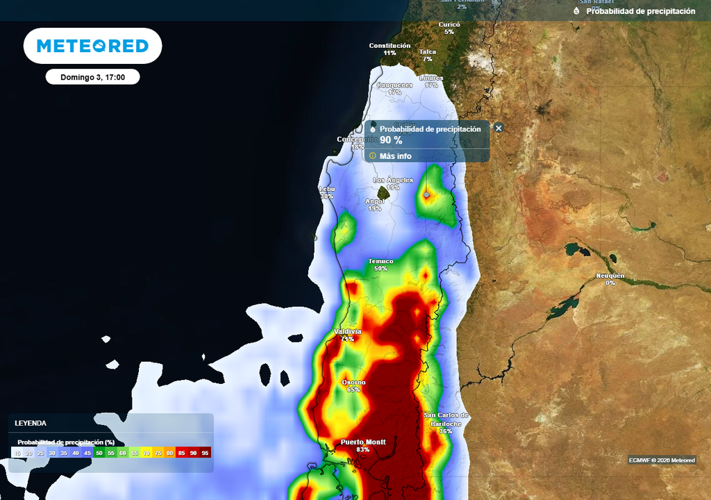 Probabilidad de precipitación (%) para la tarde del domingo (03) en Chile centro-sur.