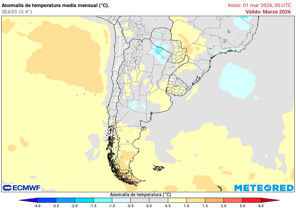 Anomalía de temperatura prevista para el mes de marzo según nuestro modelo de referencia el ECMWF