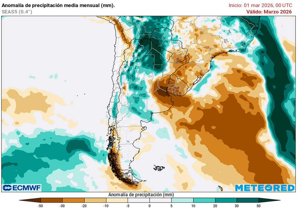 Anomalía de precipitaciones prevista para el mes de marzo según nuestro modelo de referencia el ECMWF