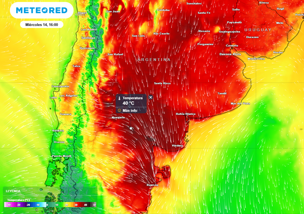 Además de los +40 °C en el norte patagónico, los valores entre 36 y 39 °C se repetirán en muchas localidades de la región Pampeana y de Cuyo.