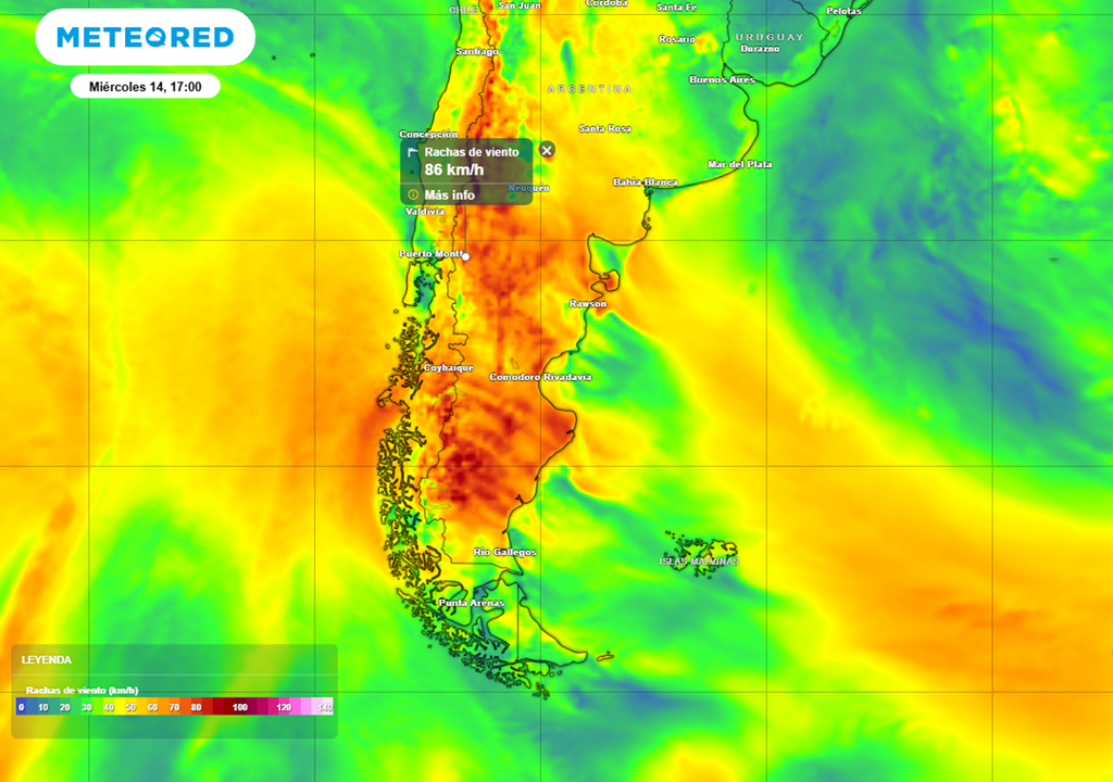 Este miércoles rige alerta amarilla por vientos fuertes del sector oeste en la zona de los incendios, con velocidades entre 40 y 60 km/h, y ráfagas que pueden alcanzar los 90 km/h, 