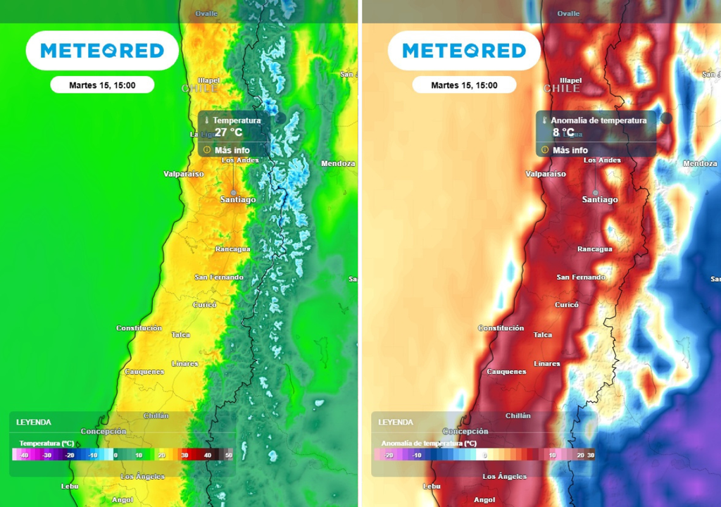 mapas de temperatura y anomalía Durante el martes se espera un importante incremento térmico que dejará valores sobre los 26 °C en distintas localidades del centro.