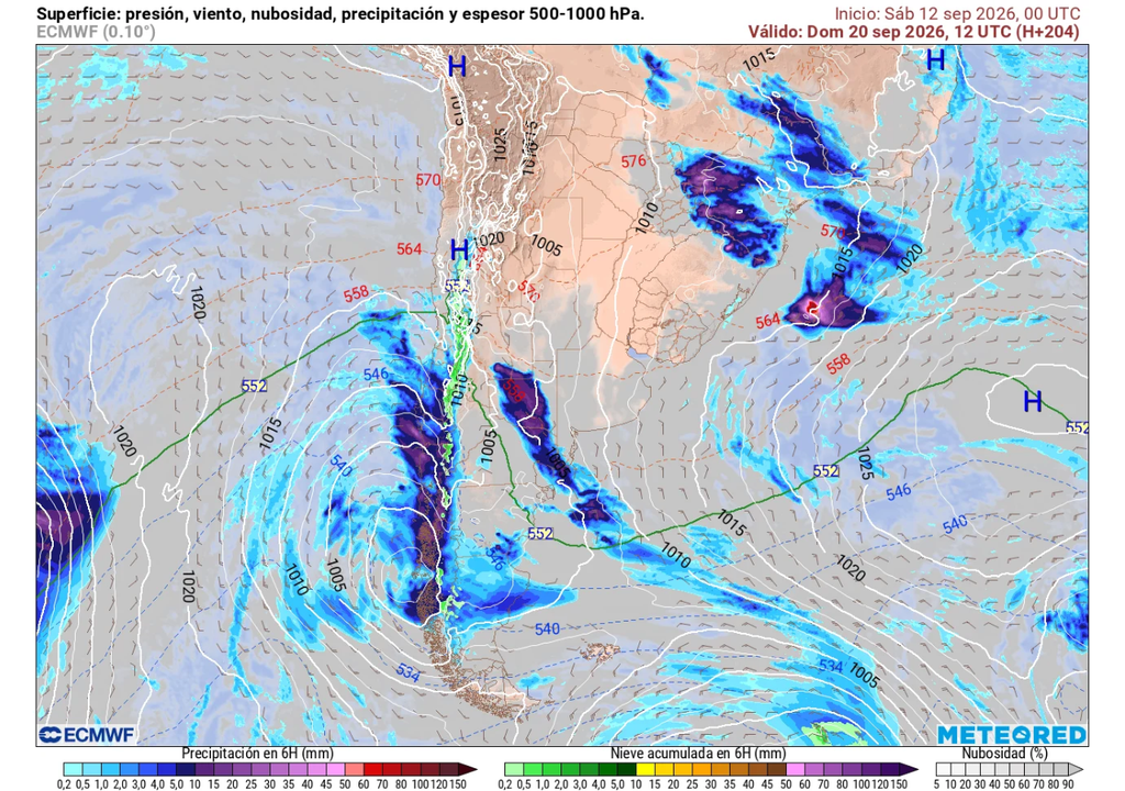 carta de superficie Durante el domingo 20 de septiembre avanzaría un sistema frontal por la zona central, dejando probables precipitaciones.