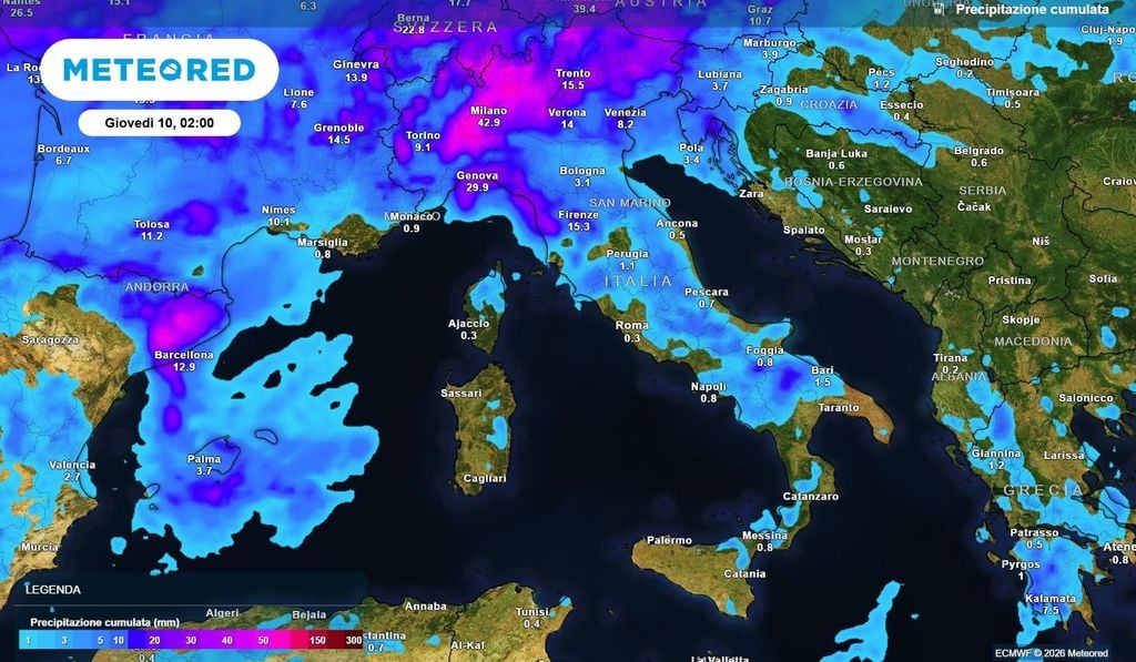 Precipitazione cumulata in Italia fino a mercoledì prossimo. Abbondanti piogge interesseranno le regioni settentrionali.