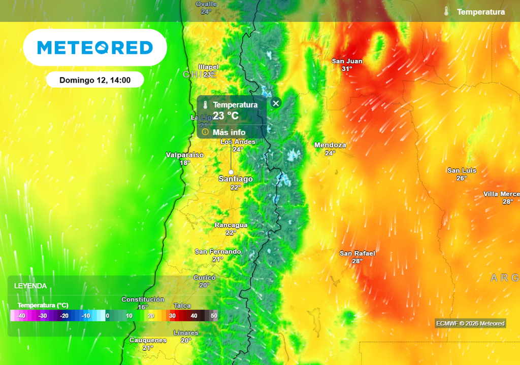 Este domingo las máximas en Santiago se moverían entre 23 y 24 °C, según el ECMWF.