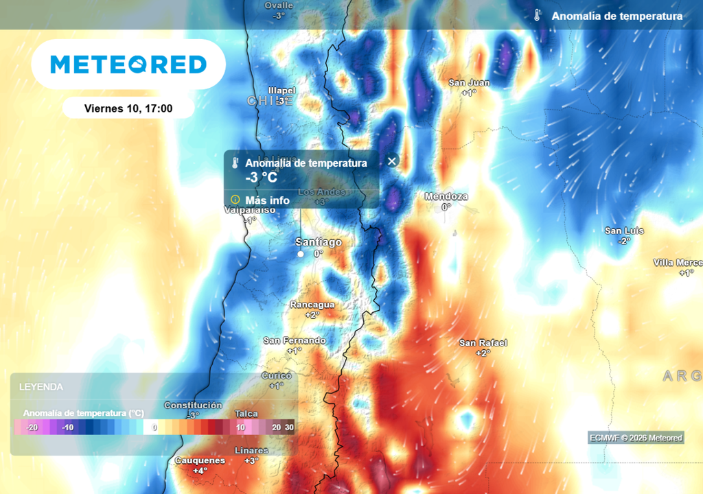 Anomalías de temperatura ECMWF: temperaturas se moverán bajo los promedios climatológicos en varias zonas de la RM.