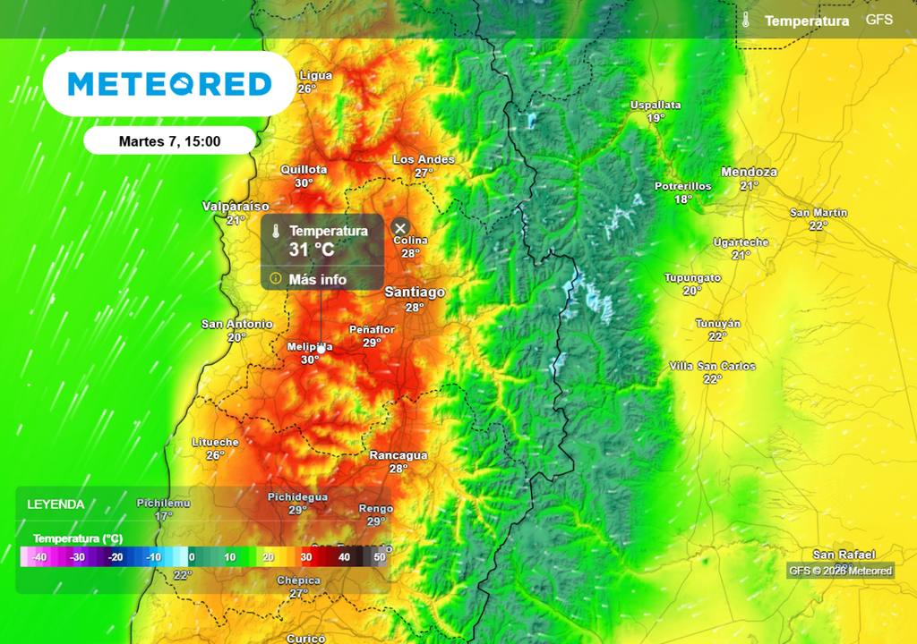 GFS norteamericano: hasta 31 °C en zonas de la Región Metropolitana durante la tarde de hoy martes.