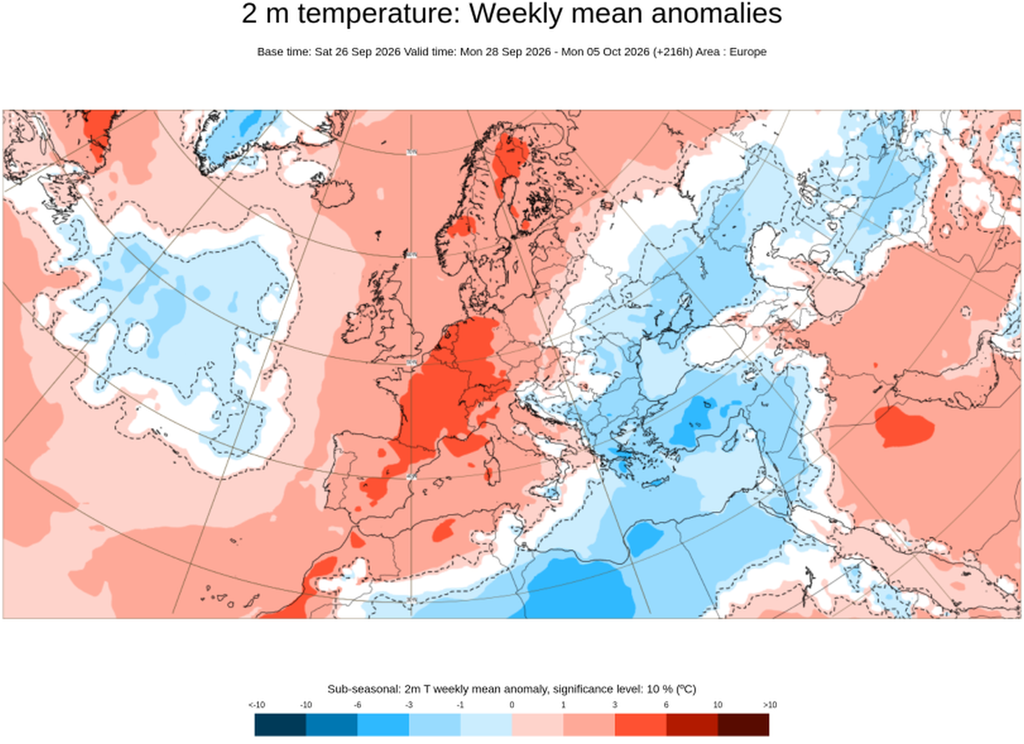 Anomalías medias semanales de la temperatura entre el 26 de sept. y 4 de oct. 2026: cálidas en escala de rojos y frías en escala de azules. ECMWF