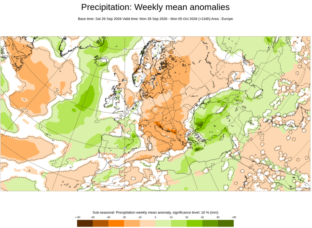 Anomalías semanales de precipitación para la misma semana: escala de verdes para anomalías positivas y naranjas para negativas. ECMWF