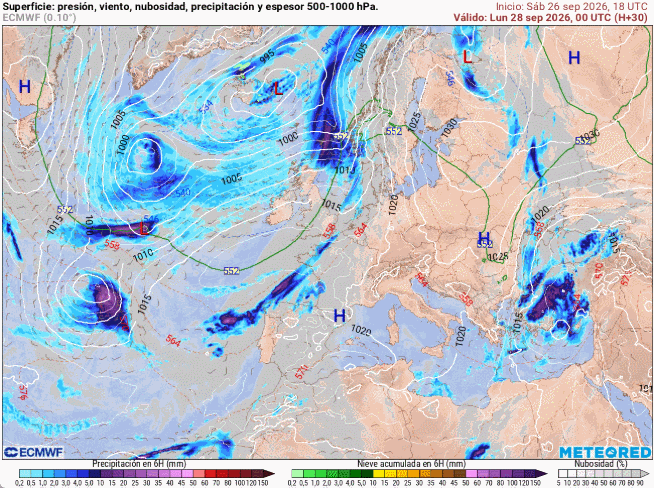 Presión en superficie, viento a 10 m y precipitaciones previstas, en escala de colores, entre el 26 de sept. y 1 de oct. 2026. Tiempo.com