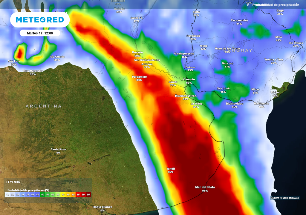 Martes con alta probabilidad de lluvias y tormentas avanzando con un frente frío por el centro del país.