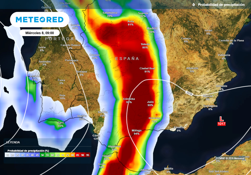 Las precipitaciones se quedarán bastante estacionarias sobre una franja debido a la evolución de la borrasca.