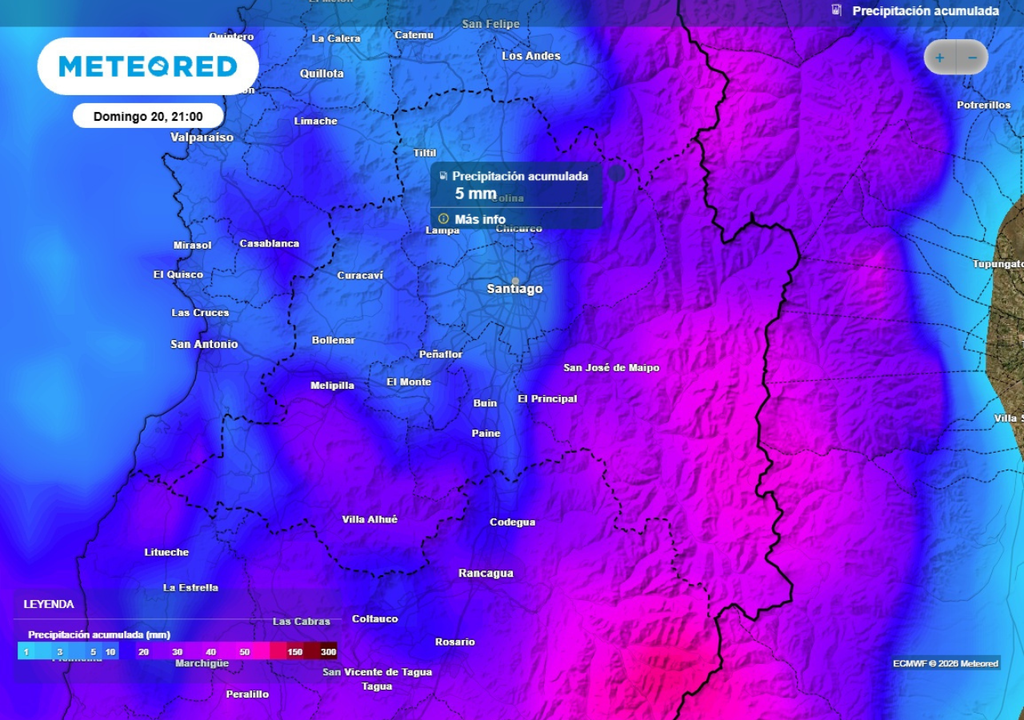Los acumulados serán muy variados: se prevén hasta 5 mm en el centro de Santiago.