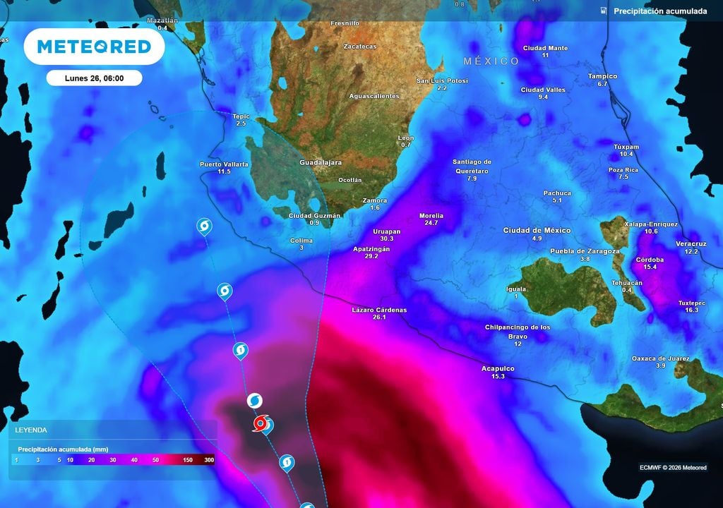 Indirectamente, la circulación del huracán Vance extenderá lluvias dispersas en el centro, sur y occidente de México de 10-50 mm, sin descartar mayores locales.