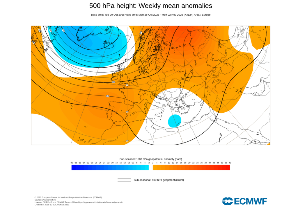 Anomalías semanales del geopotencial a 500 hPa previstas por el ECMWF para el periodo del 26 de octubre al 2 de noviembre de 2026. FUENTE: ECMWF