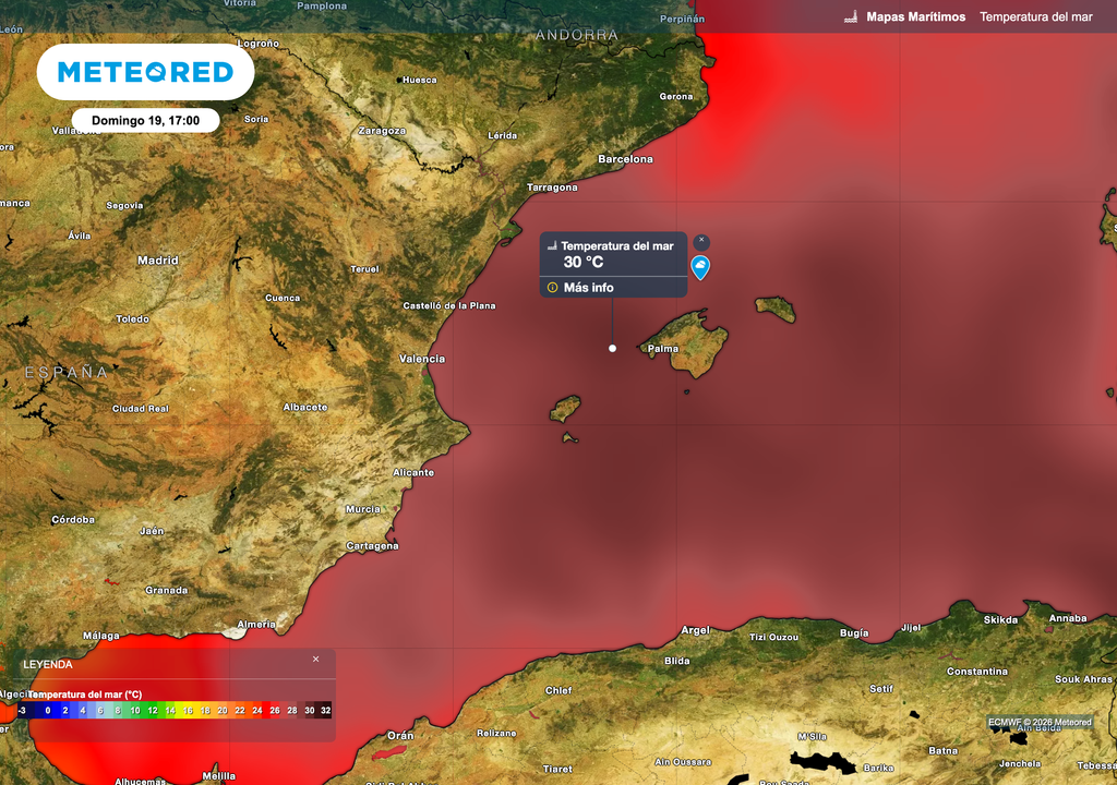 Las aguas de Baleares podrían volver a superar los 30 ºC de cara al fin de semana. Fuente: modelo europeo.