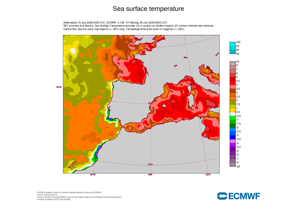 Anomalías de temperatura del agua del mar previstas por el modelo europeo para el 20 de julio.