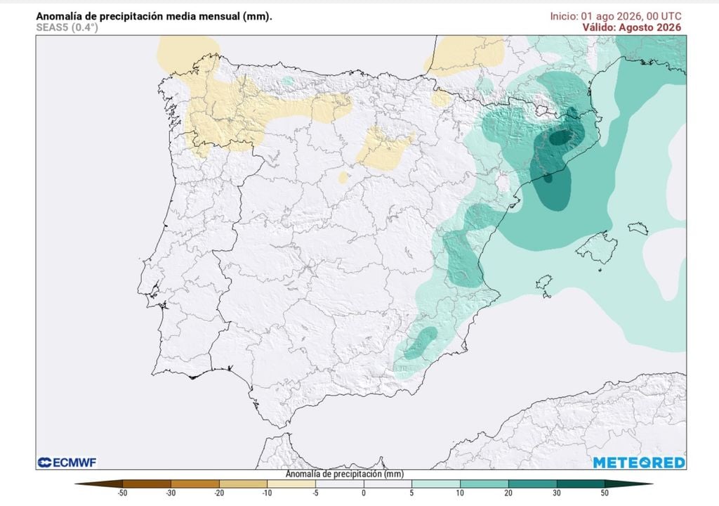 Anomalía mensual de precipitación prevista por el modelo SEAS5 para este mes de agosto.