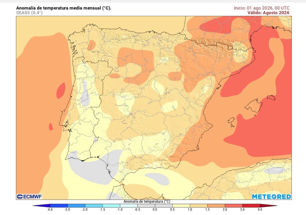Anomalía mensual de temperatura prevista por el modelo SEAS5 para este mes de agosto.