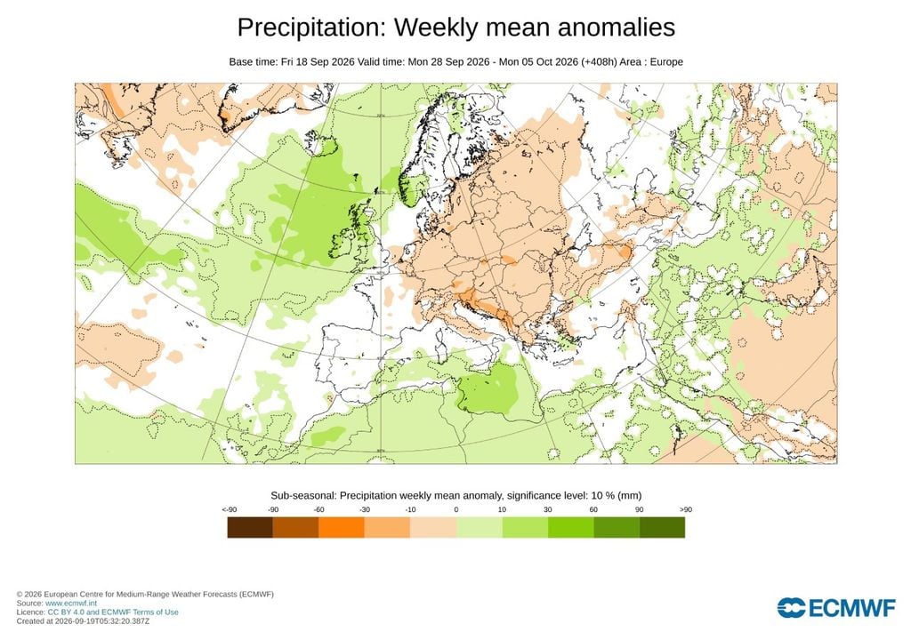 Posible cambio de tiempo a partir del 28 de septiembre, con anomalías de precipitación positivas previstas esa semana en las zonas que rodean a la Península. Fuente: modelo europeo.