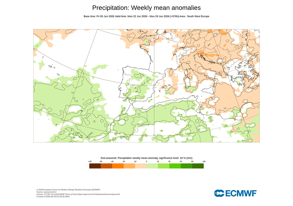 El modelo europeo intuye una segunda mitad de junio inestable en la Península, con precipitaciones por encima de la media también en zonas de Canarias.