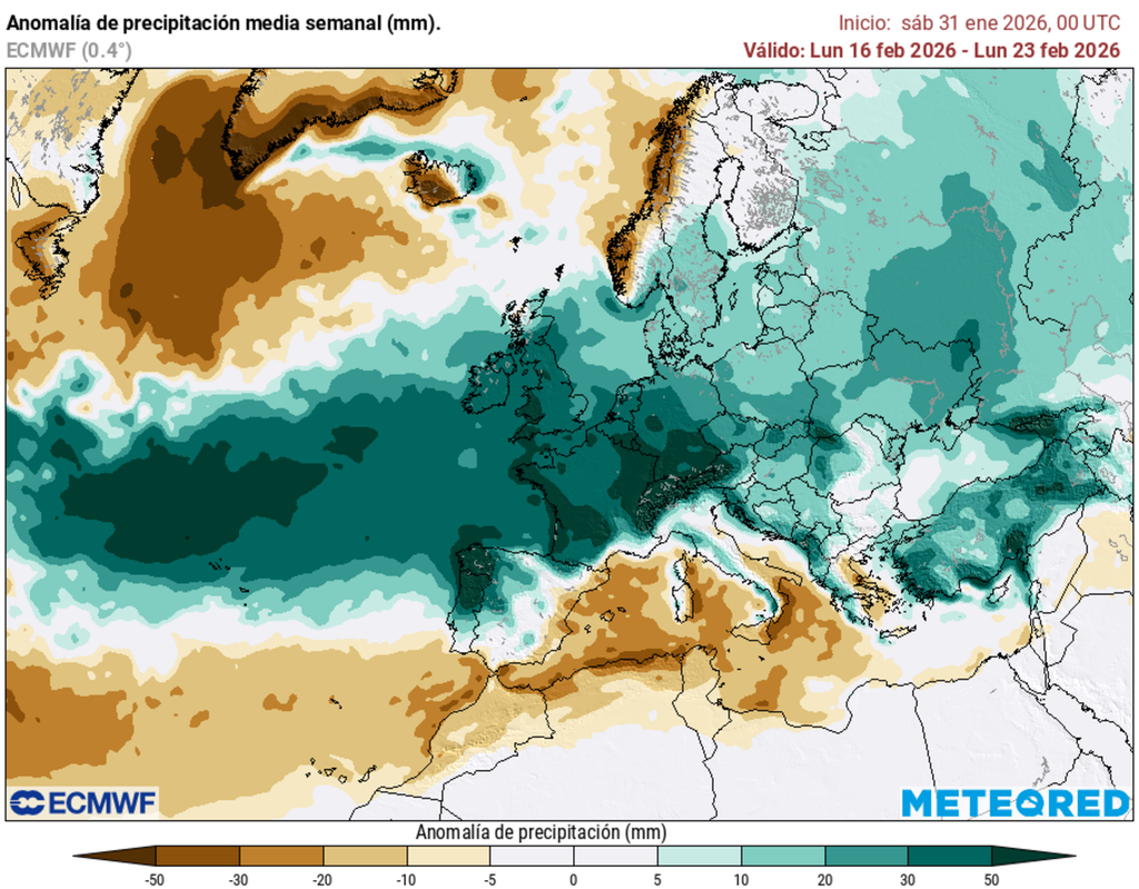 El modelo europeo anticipa que a partir de la semana que viene las borrascas tenderán a circular más al norte.