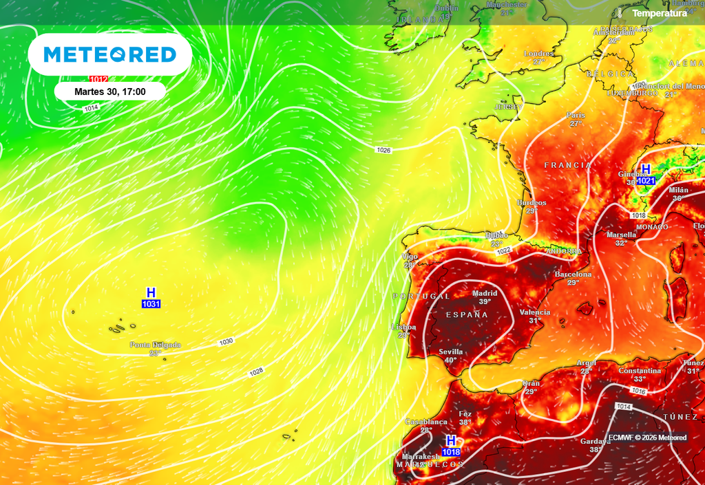 El anticiclón de las Azores volverá con fuerza a su región habitual, conteniendo las temperaturas en el norte. En el resto experimentarán un ascenso muy significativo, pero sin valores excepcionales.