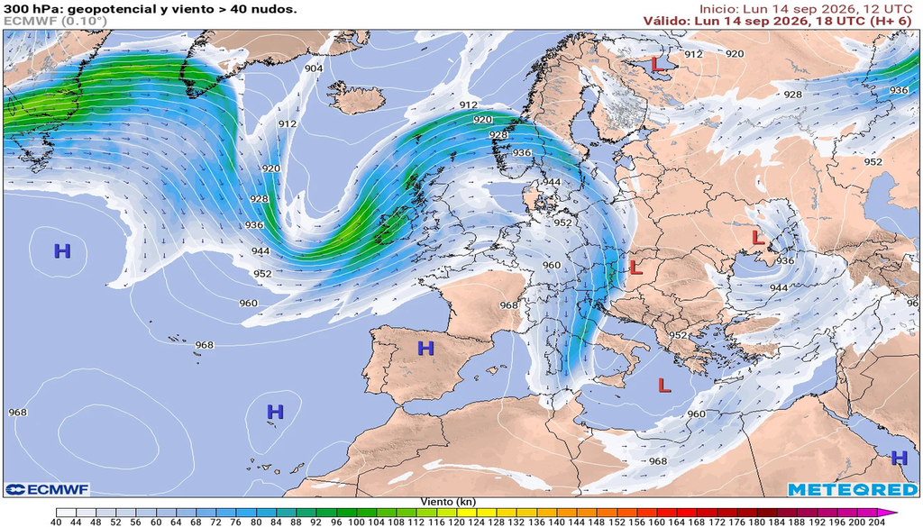 Corriente en chorro a 300 hPa, unos 9 km aproximadamente para un día y hora concreta. Tiempo.com
