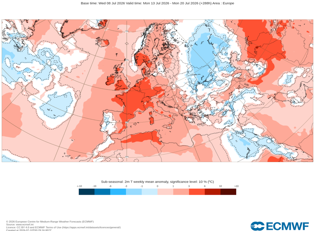 Las anomalías de temperatura serán positivas y muy significativas en el este peninsular, mientras que en el interior y oeste rondarán valores más próximos a la media de julio.