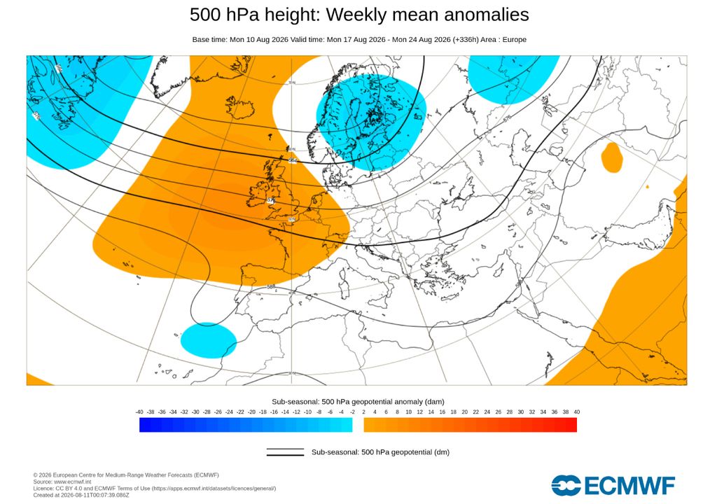 Predicción subestacional del ECMWF para la semana del 17 al 24 de agosto. El modelo muestra una circulación más ondulada y una pequeña anomalía negativa al suroeste de la Península, compatible con la posible formación de una dana en esa zona. Fuente: ECMWF.