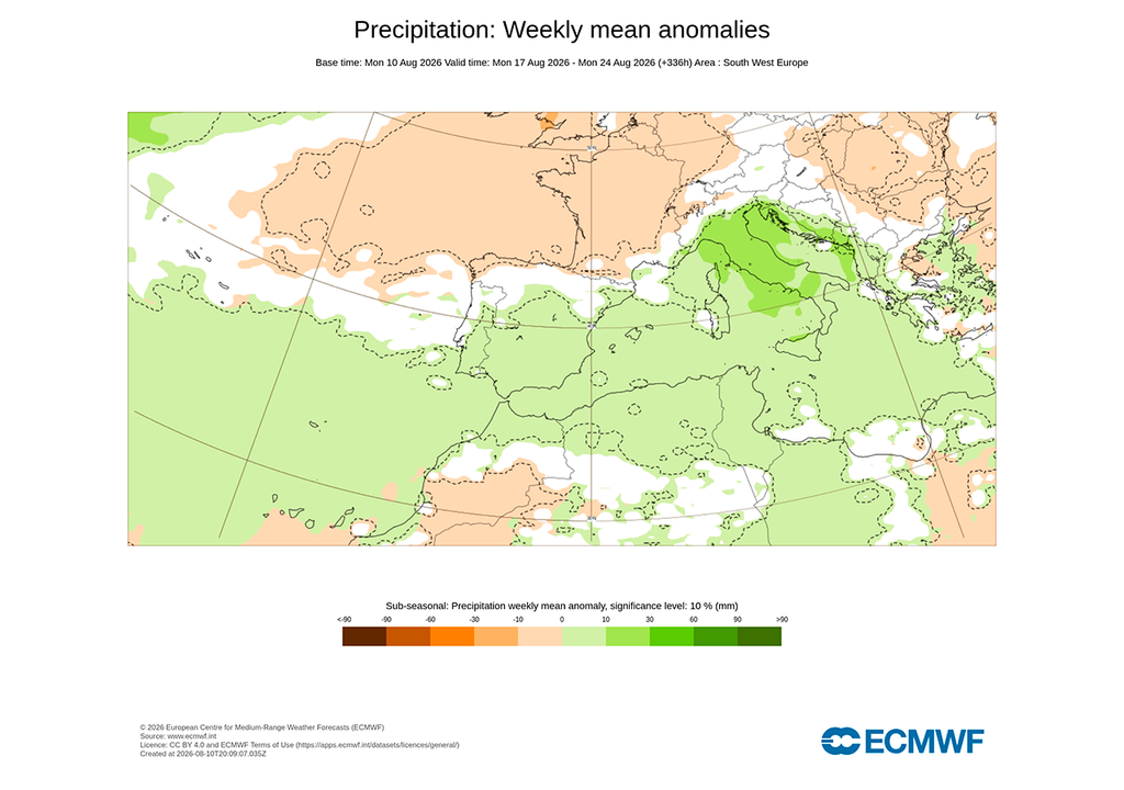 Predicción subestacional de anomalías de precipitación para la semana del 17 al 24 de agosto. El modelo europeo prevé un periodo más húmedo de lo habitual en el centro y sur peninsular, Baleares y Canarias. Fuente: ECMWF.