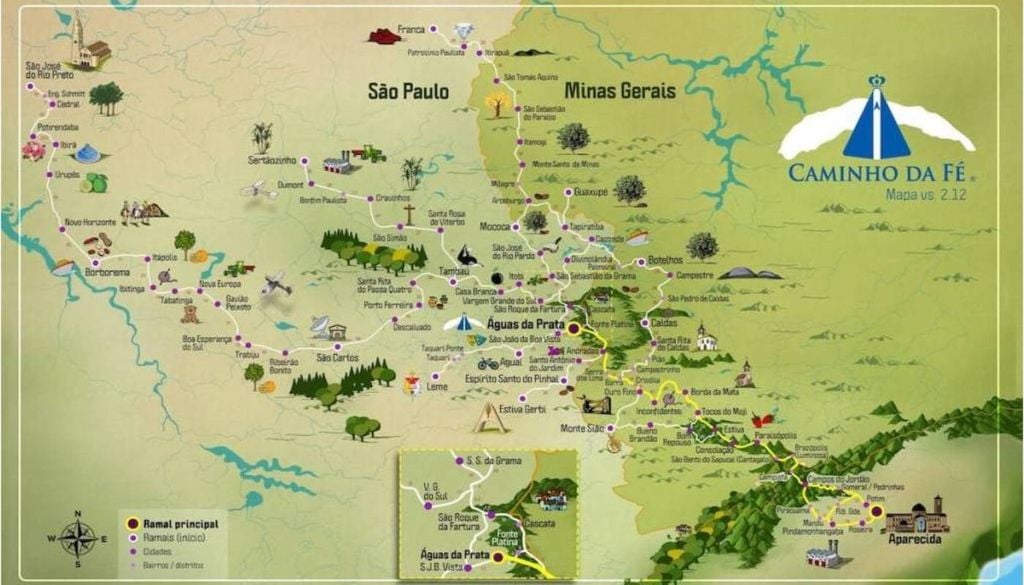Mapa completo, com todos os 18 ramais do Caminho da Fé. Fonte: Associação Amigos do Caminho da Fé/Reprodução.