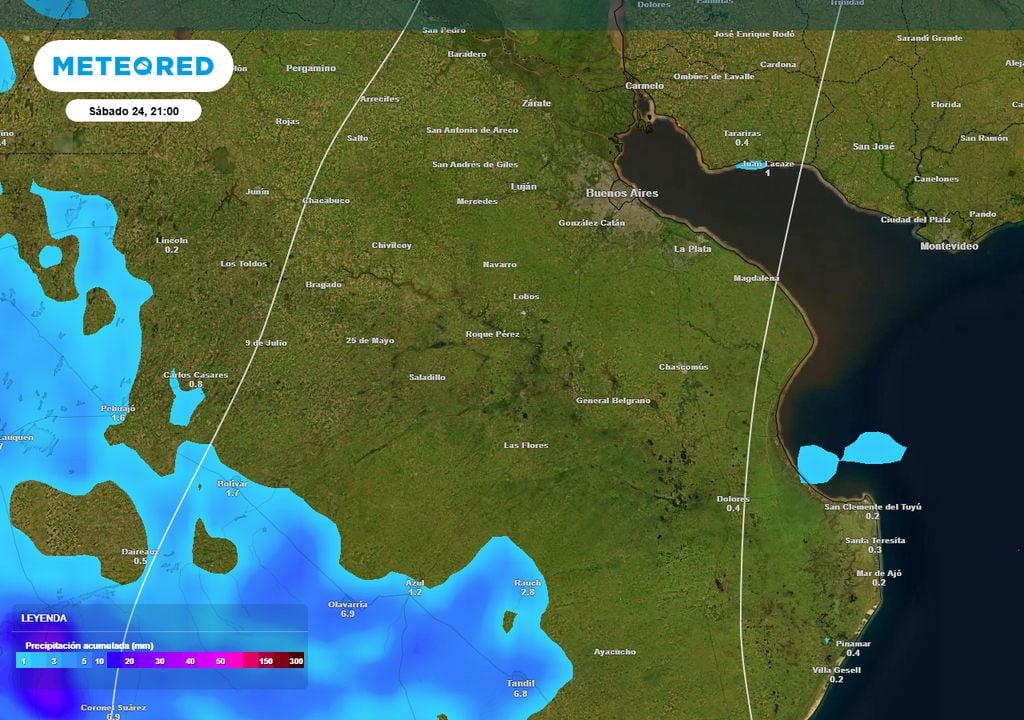 Mapa de precipitación acumulada hasta la noche del sábado 24 de enero. Las precipitaciones sólo llegarán al centro de la provincia de Buenos Aires, y no afectarán al AMBA.
