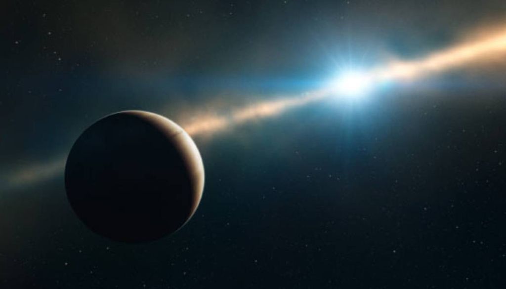 Representação artística que mostra como poderá ser o exoplaneta gigante gasoso no interior do disco de Beta Pictoris. Crédito da imagem: Luís Calçada - ESO.