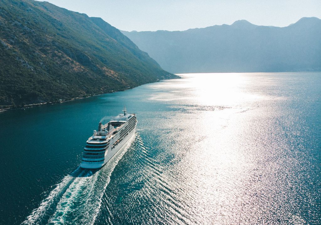 Cruise ship in sea bay.