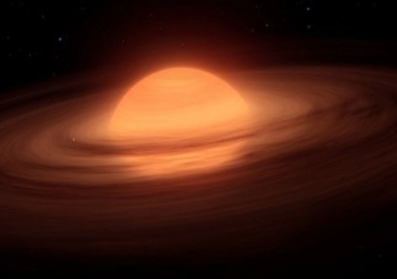 Impresión generada por IA de un objeto joven de masa planetaria que flota libremente rodeado por un disco polvoriento. Imagen proporcionada por la Universidad de St Andrews.