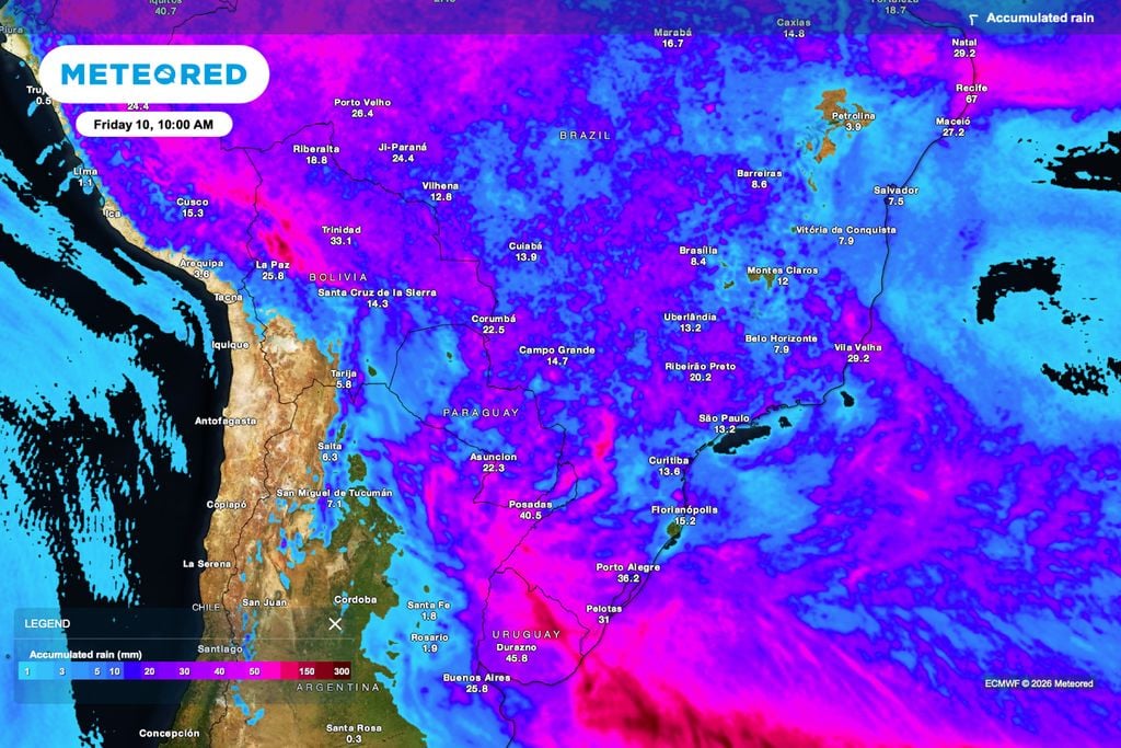 Chuva acumulada até 10 de abril segue mais baixa no interior do Centro-Sul, enquanto volumes maiores se concentram em áreas do leste e do Sul.