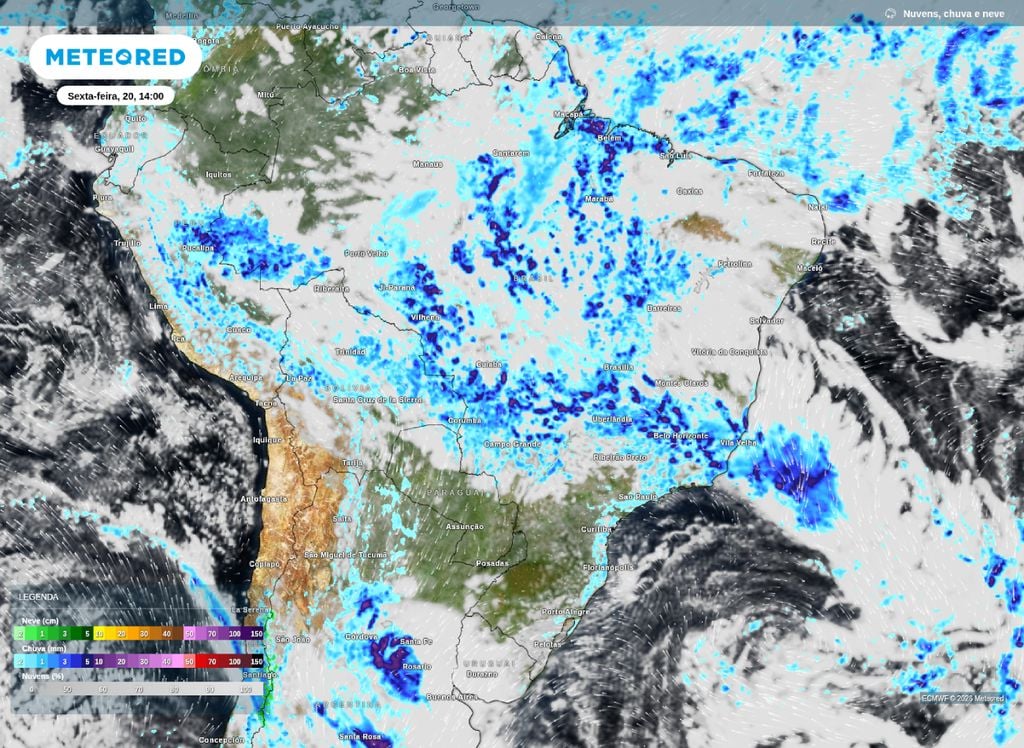 Precipitação e nebulosidade prevista para a tarde desta sexta-feira (20), segundo o modelo ECMWF.