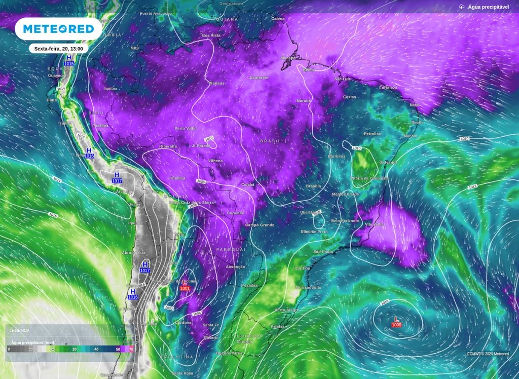 Água precipitável disponível para a tarde desta sexta (20). Pontos ao leste da Região Sudeste, destaca alerta para chuvas volumosas na região.