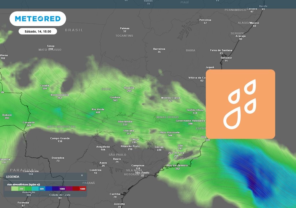 Previsão de rios atmosféricos no sábado durante a tarde mostra que o sistema continuará ativo até o final da semana, organizando a umidade e alimentando a formação de tempestades.