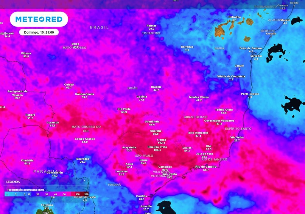 Previsão de acumulados totais de chuva até o final do domingo mostram que chuvas vão se formar em todo o Sudeste e Centro-Oeste, com destaque para MS, sul de GO, SP, MG, RJ e sul do ES.