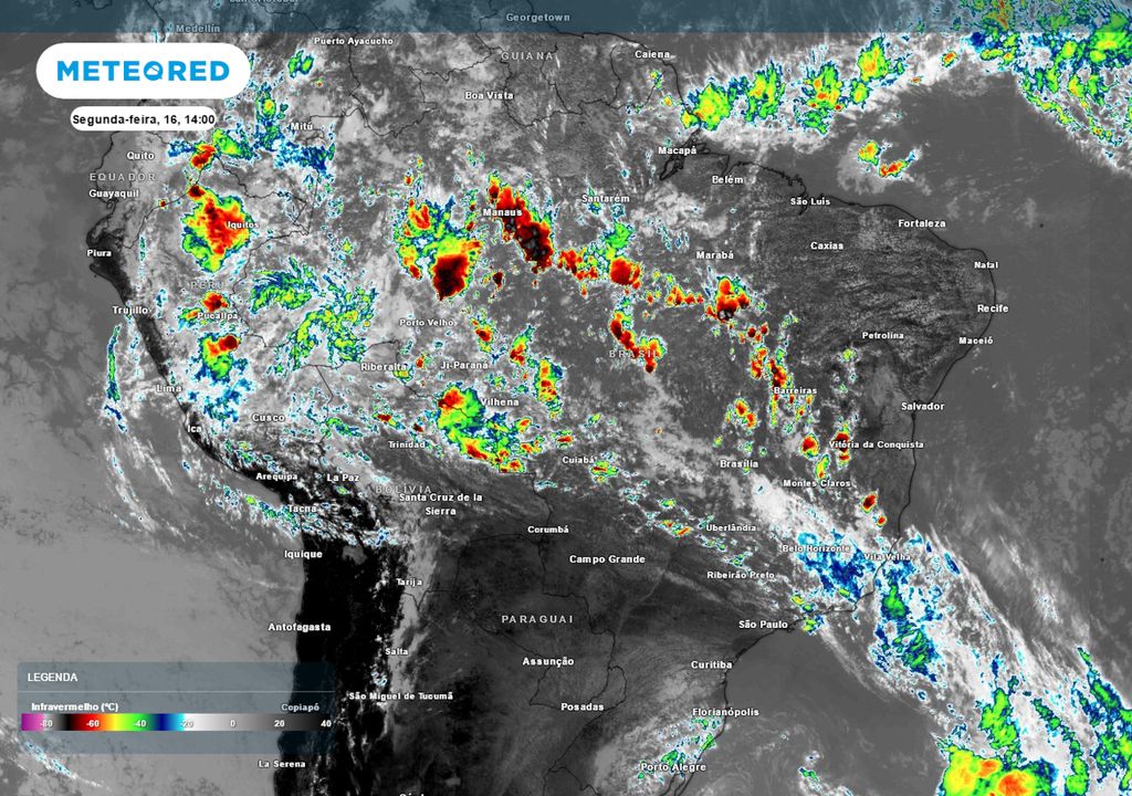 Imagem de satélite (infravermelho) nesta segunda-feira às 14h.