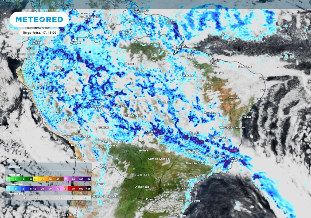 Previsão de nebulosidade e chuvas para terça-feira durante a tarde.